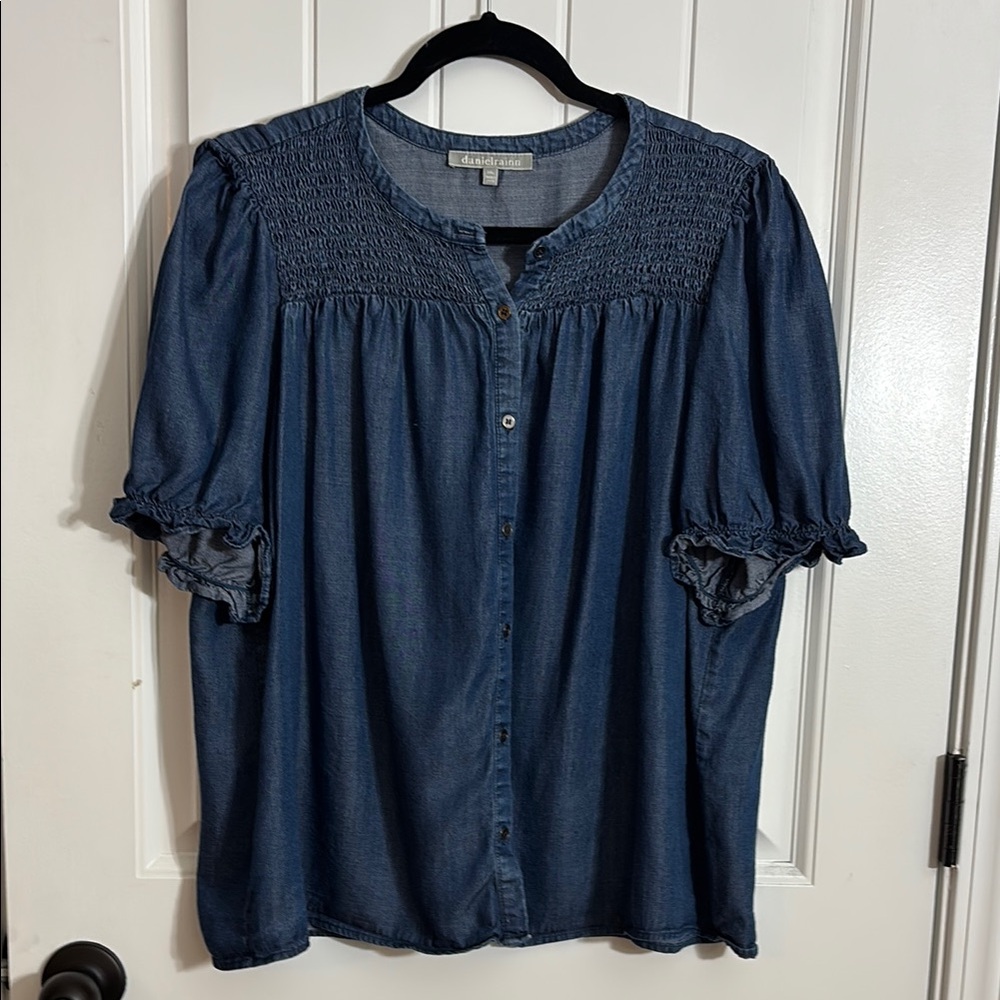 Daniel Rainn Blue Smocked Blouse with Ruffle Trim